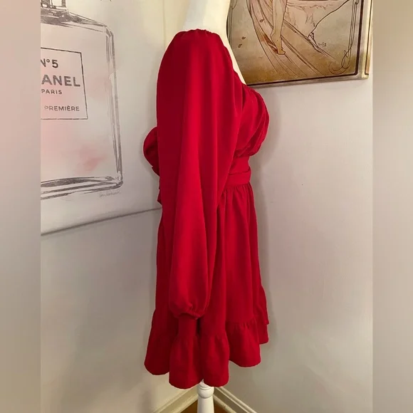 Long Sleeve Mini Dress Ties in Back Size M Red - Picture 5 of 15